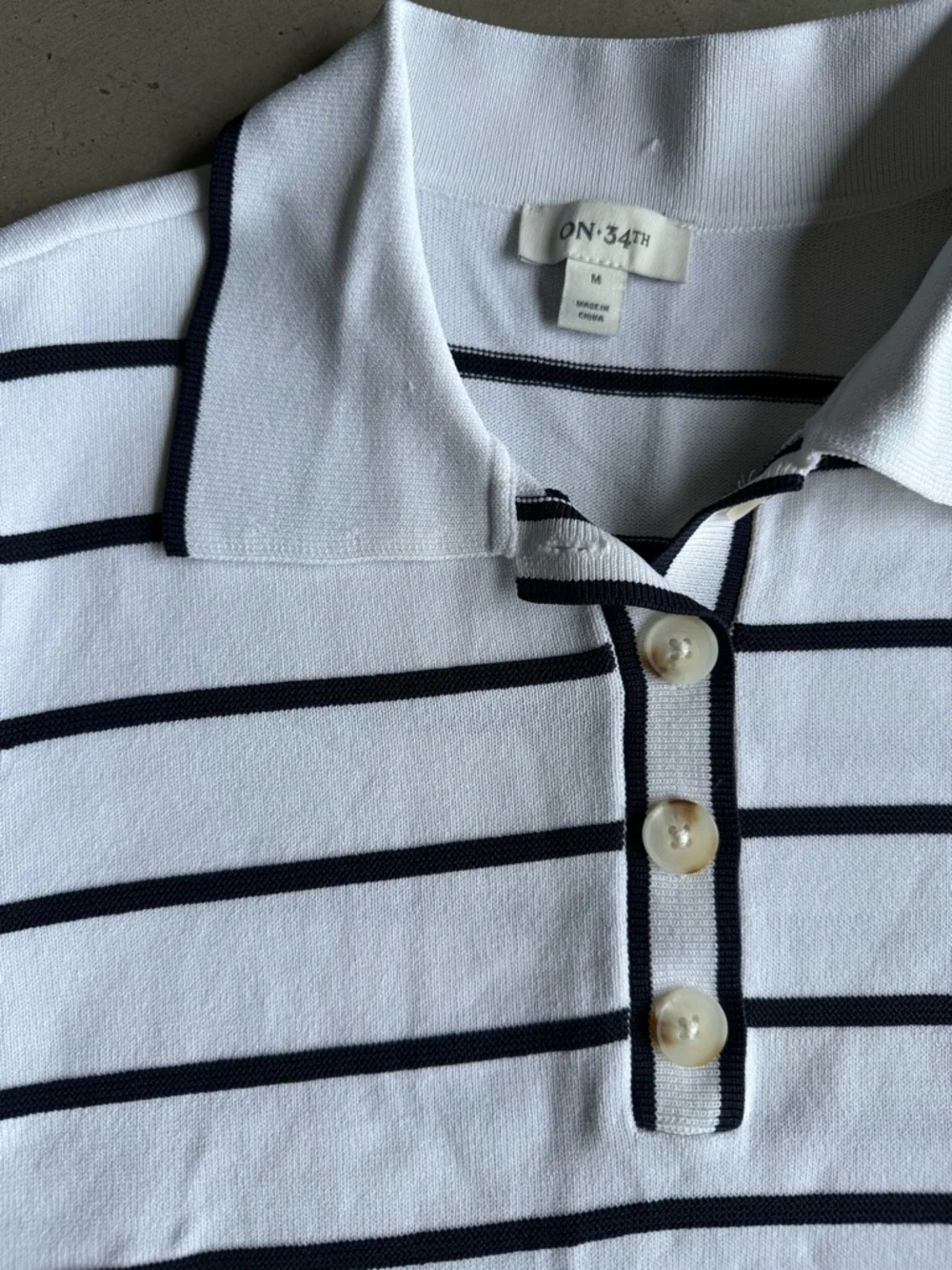 On 34th / Striped Knit Short Sleeve Polo Sweater Top / white black - Picture 4 of 8